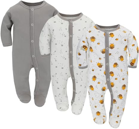 3PCS Baby Schlafstrampler Babychlafanzug Babyschlafsack Baumwolle mit Füßen mit knöpfen Gr. 56 62 68 für Junge Mädchen Neugborenen (Biene, 68)