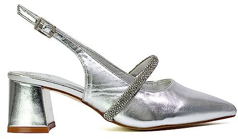 ESSEX GLAM Womens Low Heel Bridal Shoes Ladies Pull On Slingback Diamante Strap Silver Wedding Party Pointed Toe Courts Pumps Size 7