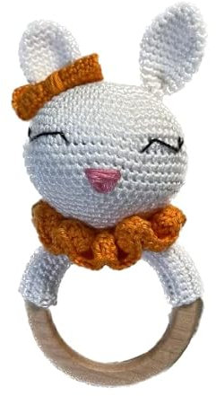 QidQuu® Amigurumi Babyrassel mit En71 geprüftem Beißring aus Ahornholz Rassel Baby Holz Spielzeug Beißring Baby Handmade Rassel Greifling Beissring Baby Rassel Holz Geschenk Gehäkelt (Hase)
