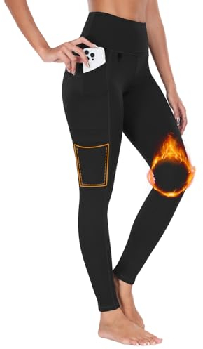 BAYGE Damen Thermo Wander Leggings Winter Hohe Taille Fleece Gefüttert Wasserdicht Blickdicht Bauchkontrolle Slim Fit Wanderhose Yogahose Radlerhose Sporthose Sweathose mit Taschen, Schwarz, S