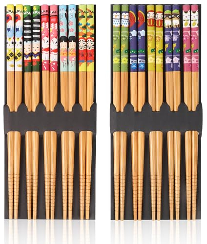 10Paires Baguette Chinoise, Naturel Bambou Baguettes Japonaises,Antidérapant Désign Dieu des Cinq Bénédictions Baguettes de 9Pouces au Lave-Vaisselle Lavables pour Sushi chinois japonais plats coréens
