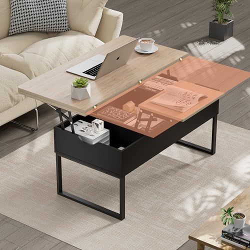 JoliJour Couchtisch, Ausziehbarer Höhenverstellbarer Couchtisch Wohnzimmertisch, Kaffeetisch, mit Schubladen, offenes Fach, braun schwarz, Leicht Heben und Schließen, Mit Größeren Versteckten Fächern