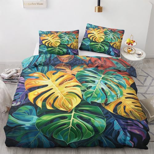 GEDAEUBA Monstera Bettwäsche 135x200 Winter - Tropisch Bettbezug 135 x 200 2er Set, Wendebettwäsche und Kissenbezug 80x80, Weiche & Angenehme & Warme Mikrofaser Bettwäsche-Sets mit Reißverschluss