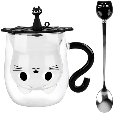 Taza de gatos dulces, 280 ml, doble pared, diseño de gato dulce, vasos térmicos de doble pared con cuchara, cristal aislante de doble pared, doble pared, regalo para amantes de los gatos