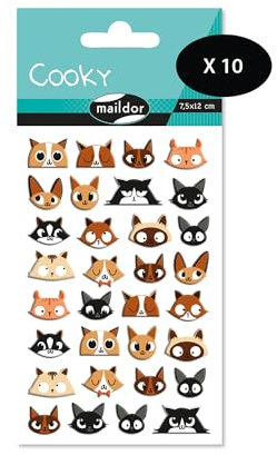 MY MANDARINE CY032Opack - Packung mit 10 Stickerbögen 3D Stickers Cooky, 320 Stickers, Katzenköpfe, 1 Pack