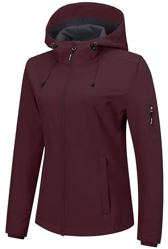 Outdoor Ventures Veste softshell imperméable et respirante pour femme - Veste demi-saison coupe-vent - Veste fonctionnelle avec capuche, rouge foncé, M