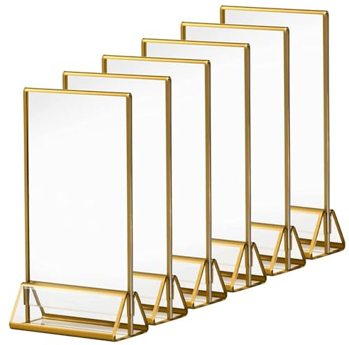 12 Stück Klar Acrylbildertischständer mit Goldrahmen, 42x127x180mm Acryl Bild Tischkartenhalter Vertikale Stand, Aufsteller im Staffelei-Stil Menü Halter Display für Hochzeit Tischnummer, Foto