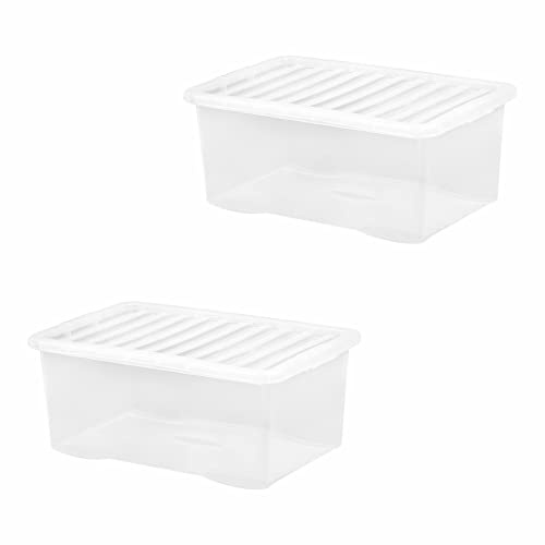 (Set of 2) Large Wham Crystal Clear Strong Plastic Storage Boxes with Lids Stackable Nestable Container Multipurpose Storage Box Organising Box For Toys Home Office Garage Made in UK (45L Litre)