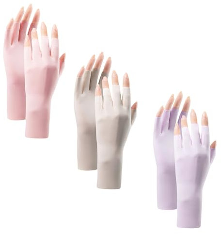 3 Paires Gants de protection solaire, Fingerless Gant anti uv femme, Gants de soie glacée antidérapants respirant pour randonnée cyclisme golf conduite pêche les activités et faire une manucure