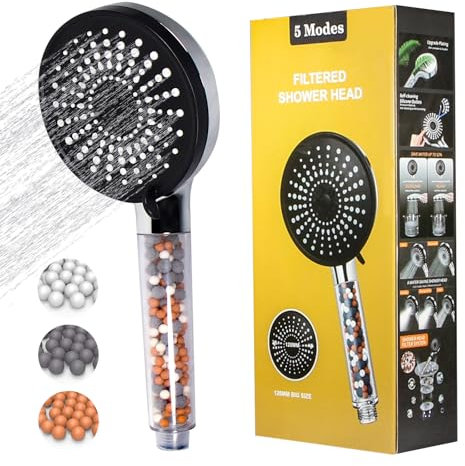 Water-Saving Shower Head, Pressure-Increasing Shower Heads with 5 Jet Types, Hard Water Softener ShowerHead, Shower Head with Limescale Filter, Large Shower Head Round for Residual Chlorine Remove