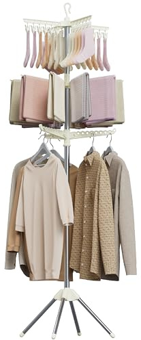 CASAMAYA CDR003W01 Wäscheständer, faltbar, 210 cm, 3 Etagen, Wäscheständer mit drehbarer Kleiderstange für 27 Kleidungsstücke und 24 Clips zum Aufhängen von Socken, platzsparend, Weiß und Silber
