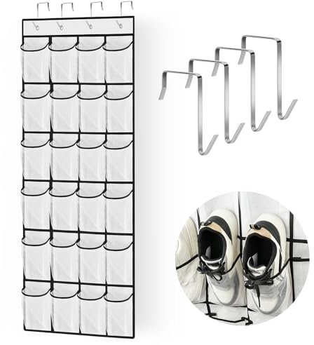 AUAUY Organizador de Zapatos para Puerta, 24 Bolsillos Organizador Zapatos Colgante con 4 Ganchos, Zapatero Pared, Zapateras para Guardar Zapatos para Puerta de Armario, Dormitorio, Sala de Estar BañO