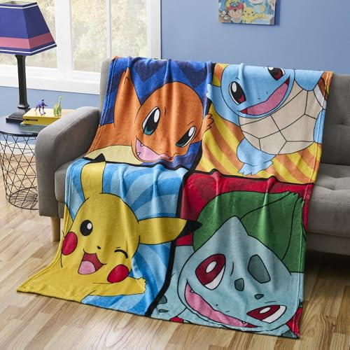 Überwurfdecke mit Pokemon-Charakteren, weich und gemütlich, 116,8 x 152,4 cm, Mikro-Raschel-Decke, Leichter Plüsch, ultraweicher Überwurf für Jungen und Mädchen
