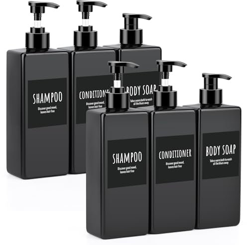 Segbeauty Seifenspender Schwarz, 6 Stück 500ml Shampoo Flaschen zum Befüllen, Pumpspender mit Wasserdichtes Etiketten, Seifenspender Plastik für Bad und Küche