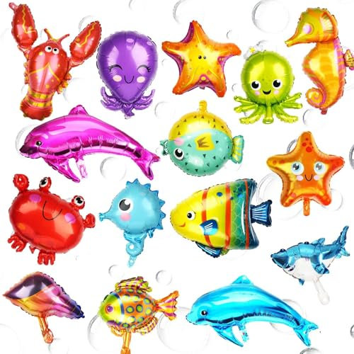 15 Stück Meerestiere Folienballon, Luftballon Tiere Party Dekorationen, Große Folienballon Geburtstag Ozean Tiere Helium Riesenballon für Kinder Geschenk Geburtstag Jubiläum Ozean Thema Party