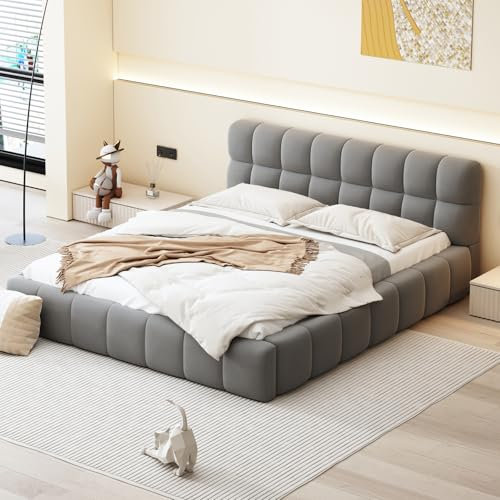 YGHQAP Polsterbett Bubble Bett 160x200cm Doppelbett mit Lattenrost und weicher Rückenlehne Jugendbett Flachbett Bettgestell, Leinen, ohne Matratze (Grau, 160 * 200)