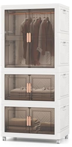 COSTWAY Boîte Rangement Plastique 421 L, Caisse Pliable avec 4 roulettes, Armoire Penderie Plastique pour Enfant, Tringle, 10 Cintres, Poignée, Porte Magnétique, Boite Empilable pour Vêtement, Jouet