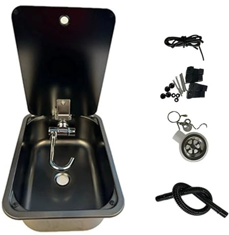 Camping Waschbecken mit Glasdeckel, RV Wohnmobil Spülbecken, Edelstahl 304, mit Ablaufgarnitur, Klapphahn Inklusive, für Wohnmobilanhänger, Yachten, 380 X 280 X 146 Mm, Schwarz