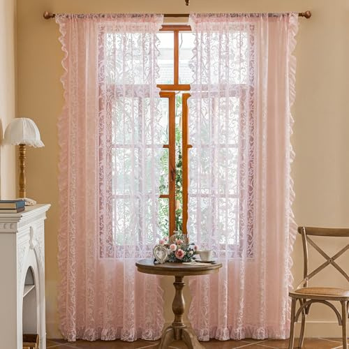 TUDECO Rosa Rüschenvorhänge 244 cm lang - Weibliche Hellrosa Durchsichtige Blumen-Vorhänge für Babyzimmer, Elegante Träumerische Stangentasche Privatsphäre Geschmückte Couqutte-Dekor 1 Paar, 150 x 244