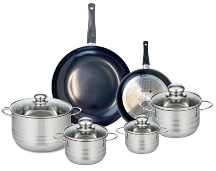 ELO 9727350 Batterie de cuisine 6 pièces, Ensemble de 2 Poêles de cuisson 20 et 28 cm et 4 faitouts 12, 14, 16 et 20 cm Elo Prima Brillant, inox, induction