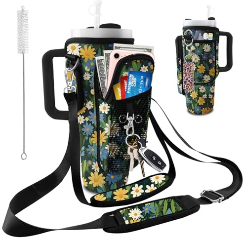 bolimoss Stanley Cup Bag, Black Cat Stanley Cup Accessories Holder with Phone Pockets & Adjustable Straps, Daisy Neoprene Portable Pouch Bag Fits 40oz Tumbler for Hiking Travelling