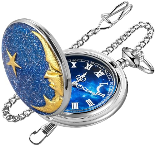 Tiong Quartz Pocket Watch Hollow Steampunk Blue Star Design Roman Numerals Pocket Watch with Chain Christmas Gifts
