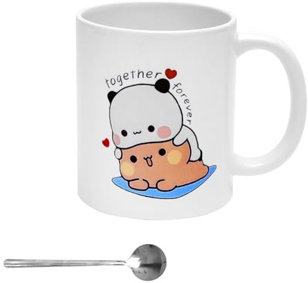 UOCAI Tasse Aesthetic für Bubu Dudu 330ml, Keramiktasse für Dudu Bubu mit Edelstahl-Rundlöffel, Cute Mug für Tee und Kaffee, Bär Und Panda Lustige Tassen, Lustige Kaffeetassen als Bestes Geschenk