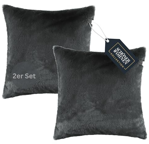 SCHÖNER WOHNEN 2er Pack Kissenbezug 45x45 flauschig - Warme Kunstfell Kissenhüllen grau - Deko für Couch & Wohnzimmer - ÖkoTex Plüsch Kissen - Kissenbezüge für Herbst & Winter & Geschenkidee