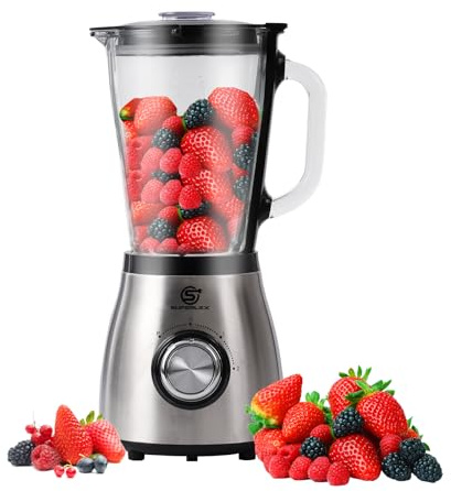 SUPERLEX Standmixer 800W Hochleistungsmixer mit 1,5L Glasbehälter 2 Geschwindigkeitsstufen und Pulse Funktion Edelstahlklingen Smoothie Maker für Smoothies Shakes und Saucen