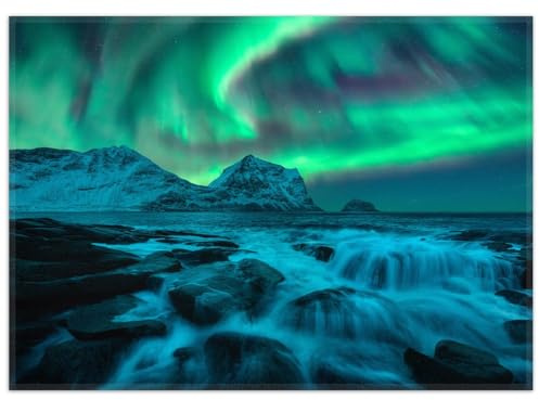 Wallario Rutschfester, Teppich mit Motiv - Fußmatte Aurora über Küste, Größe 50 x 70 cm - flachgewebt