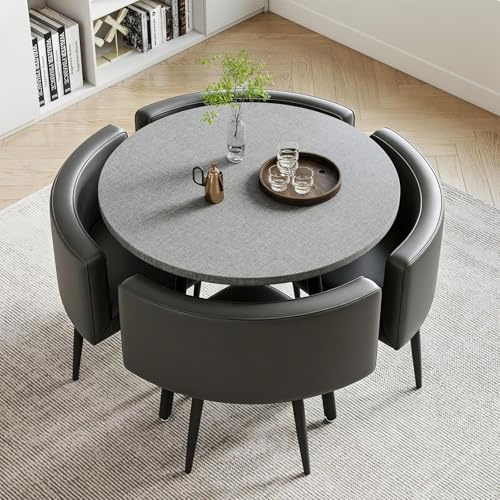 Essgruppe Set Tisch und Stühle, Runder Esstisch mit 4 Stühlen, Küchetisch aus MDF Tischplatte mit Gepolsterten Stühlen, Tisch und 4 Stühle für Küche, Wohnzimmer, Balkon, Restaurant (Rund Grau)