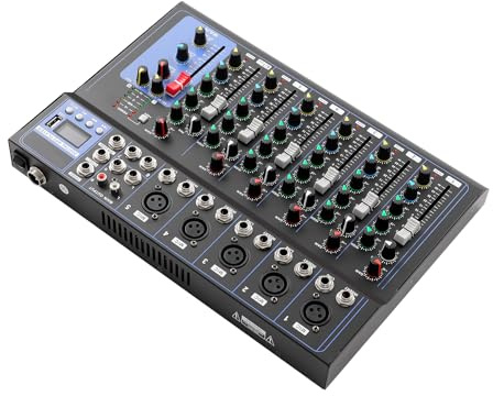 7-Kanal Audio Mixer mit Bluetooth, Mischpult mit 48V Phantomspeisung, 3-Band-EQ, 6 Klangstilen, LED-Display, Kopfhörer-Monitoring, Tragbarer Mischpult für Live-Auftritte, Aufnahme, Streaming, Heim-KT