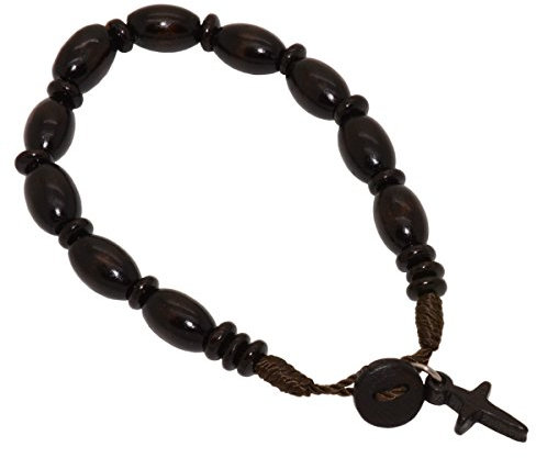Junker Kirchenbedarf Rosenkranz Armband 10 Perlen (Holz) braun oval 12mm, mit Holzkreuz und Knopf zum Öffnen - geknüpft, Länge 21cm