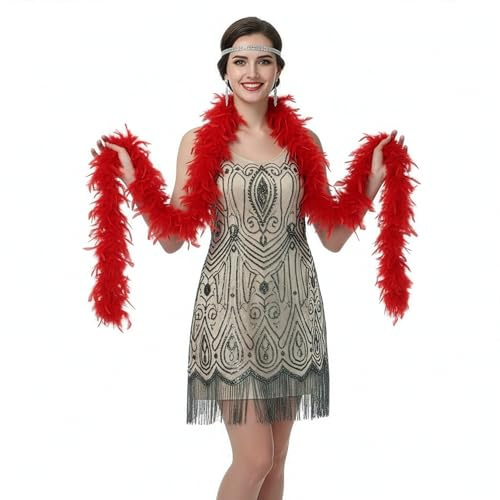 60g Thick Red Feather Boa 2m/6.6ft Long Hen Night Accessories Fancy Dress Party Cosplay Flapper 1920s Burlesque Feathers Scarf