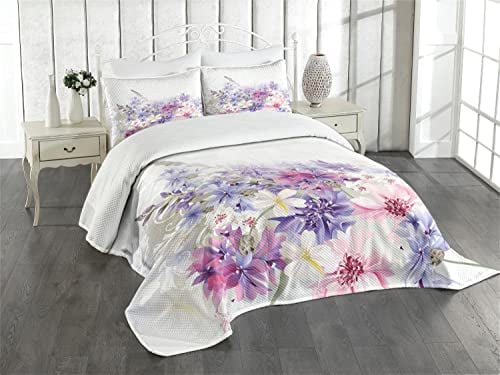 ABAKUHAUS Lavendel Tagesdecke Set, Rosa Lila Blumen, Set mit Kissenbezügen Waschbar, für Einselbetten 170 x 220 cm, Weiß Lila