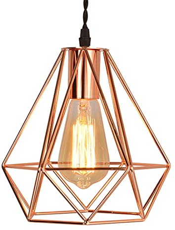 BULZEU Kupfer Hängeleuchte Industria kupferfarbiger Lampenschirm Kupfer Metall Diamant Käfig Licht Schatten Deckenpendelleuchte Schatten Lampenschirm Rose Gold - E27 Sockel