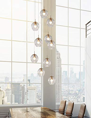 BDS lighting 10 Boules De Verre Escalier Lustre Longue Suspension Lumière Bâtiment Duplex Grand Lustre Salon Villa Creux Moderne Escalier Minimaliste Lampe 55x200 cm