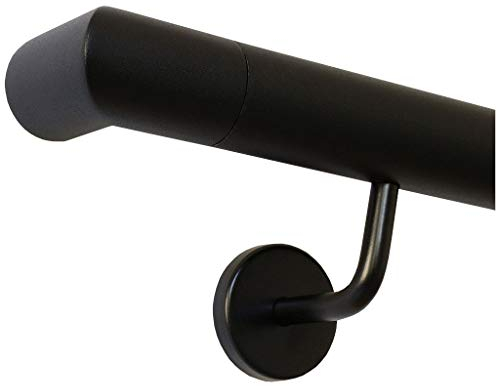 TIBU Handlauf Schwarz pulverbeschichtet V2A Edelstahl Geländer innen außen wetterfest beständig 0,3m - 6m aus einem Stück Variante: 30 cm mit 2 Halter und Ecke zur Wand