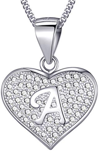 MASADA 925 Silber Herz Buchstaben-Halskette - Initialen-Anhänger mit Zirkonia-Steinen - Buchstabe A - 46 cm Kette mit Samtbeutel