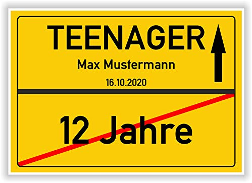 Von 12 Jahre zum Teenager - Ortsschild - Bild - persönliches Geschenk zum 13 Geburtstag mit Name und Datum - personalisierte Geschenkidee Hinweisschild Party Deko Karte Junge Mädchen