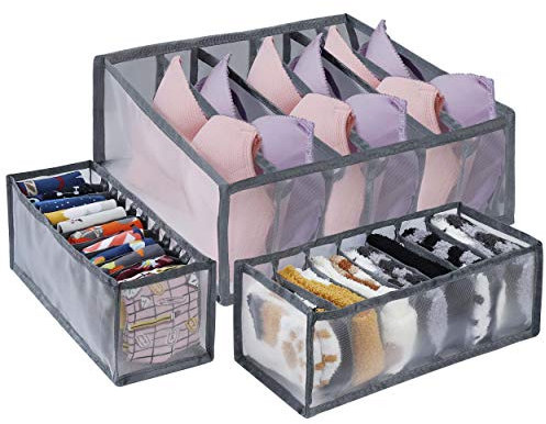 MengH-SHOP Aufbewahrungsbox für Unterwäsche Faltbare Schublade Organizer mit Trennwänden Separator für Büstenhalter Socken Krawatten Organizer 3 Stücke Grau
