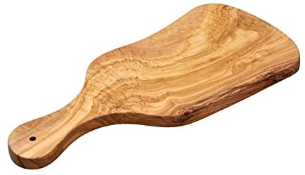 Erreke Tabla Cortar Cocina, Madera Olivo Natural, Tabla Madera Cocina, Tabla Cortar Cocina Madera Olivo, para Servir, Picar, Carne Barbacoa Quesos Pan Aperitivos Tapas, Artesanal (39x18cm con Mango)