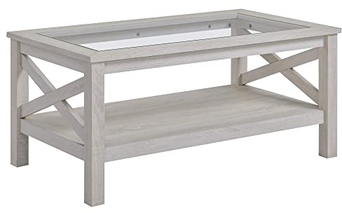 HOMCOM Mesa de Centro Mesa Auxiliar con Estante y Encimera de Vidrio Templado para Sala de Estar Dormitorio 100x55x45 cm Roble Blanqueado