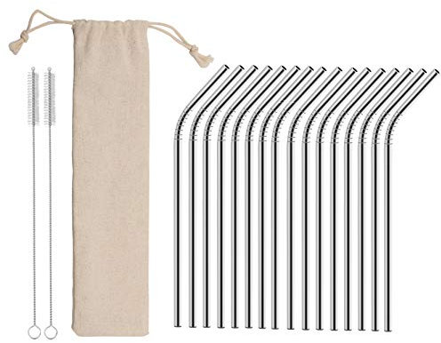 16 Edle Strohhalme aus Edelstahl Wiederverwendbar, Mit 2 Reinigungsbürsten und Tasche, Strohhalm aus Metal, Trinkhalm, Reusable Straws, Geschenk, Umweltfreundlich und Spülmaschinenfest (Silber)
