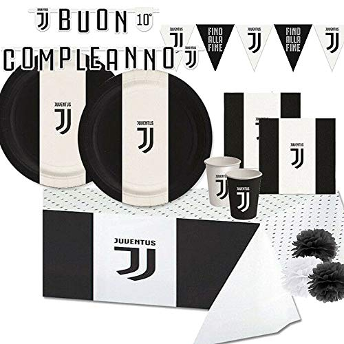 Kit compleanno per 16 persone n 54 F.C. Juventus Coordinato Tavola Compleanno Tifoso Juve Party Festa bianconeri Torino piatti bicchieri tovaglioli tovaglia vecchia signora zebra