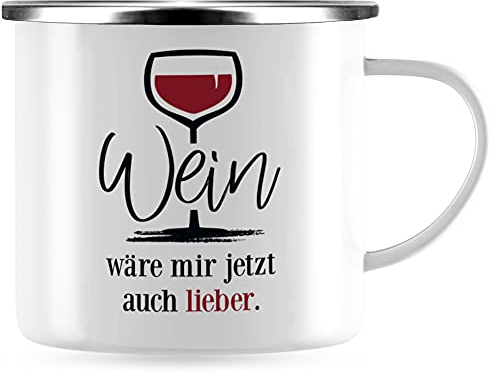 JUNIWORDS Emaille-Tasse, Wein wäre Mir jetzt auch Lieber, Silberner Tassenrand