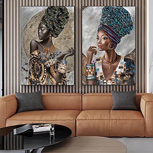 Guying Art Femme africaine en or noir avec une coiffe exquise peinture sur toile affiches et impressions mur Art photo décor à la maison 50x70cmx2 sans cadre