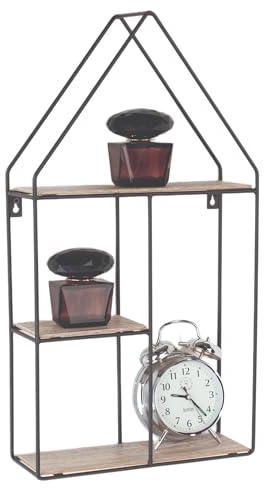 Core Products Loft Rectangular Display Wall Shelf, Metal Wire Shelving | House-Shape Rustic Floating Light-Oak Wooden Effect Surface, Wall-Mounted for Kitchen, Bathroom, Living Room