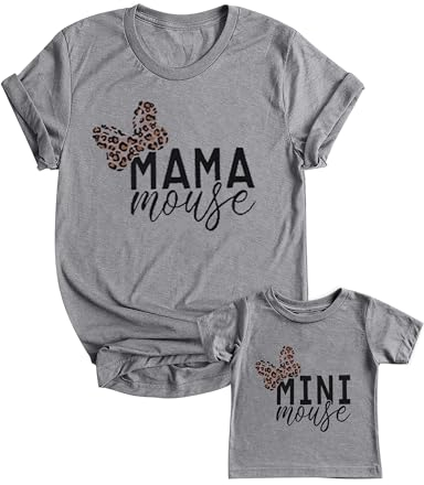 Mommy and Me passendes Hemd-Outfit Mama Mini Leopard Love Heart T-Shirt Mutter Tochter Familie passendes Set Kleidung, Grau (Damen), Small