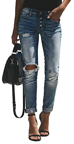 HETIPR Damen Boyfriend Jeans Ripped Mid Rise Loose Fit Distressed Stretchy Denim Pants, A1-1013-blau, S